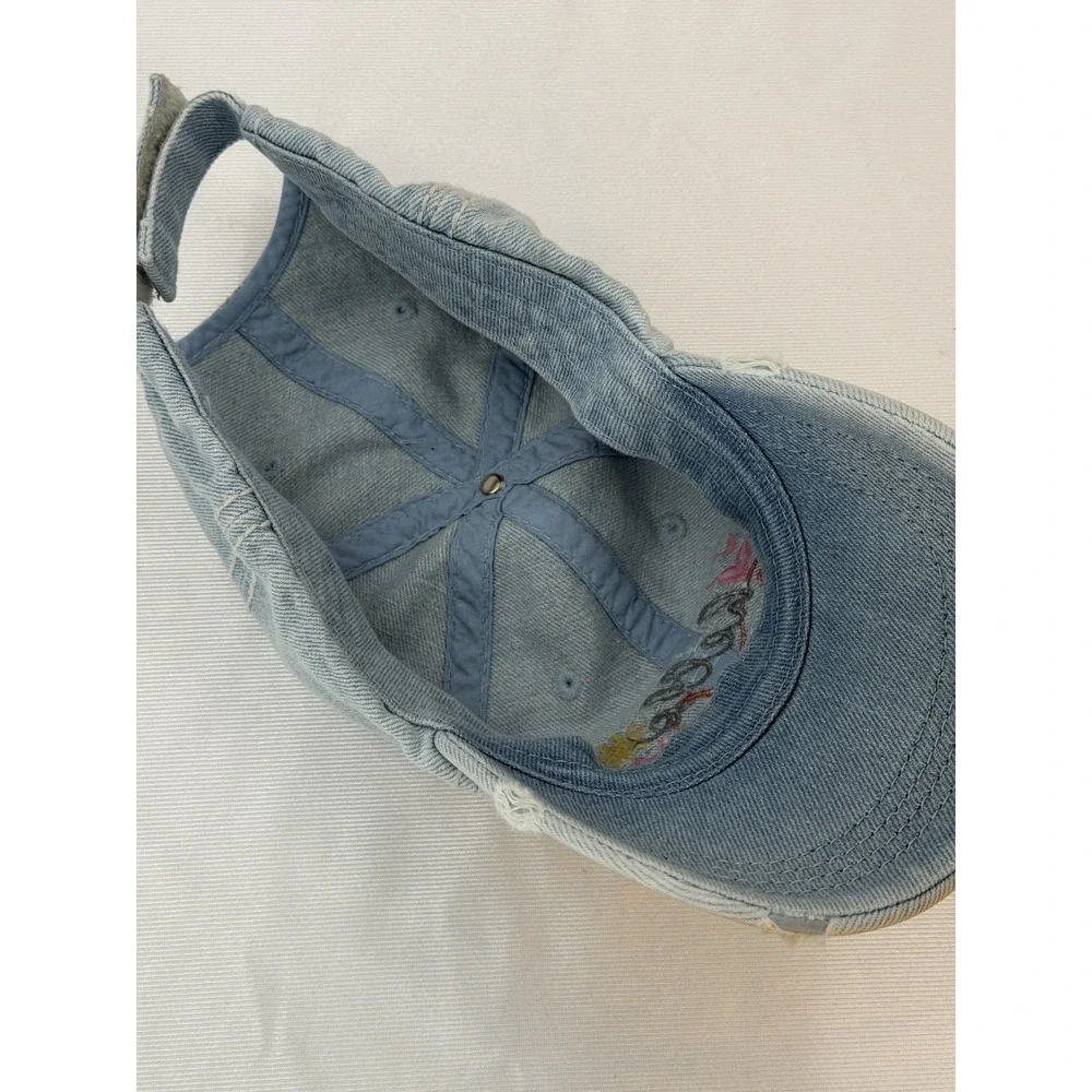Hello Sunshine Distressed Denim Baseball Cap Women's Blue Adjustable Hat Hearts